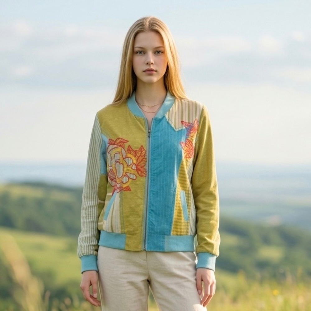 Multiples Womens L Patchwork Bomber Jacket Blue Green Floral Embroidered Cotton